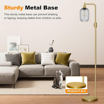 【Upgraded】 Dimmable Glass Floor Lamp for Living Room, Modern Gold Standing Lamp with Gray Ribbed Glass Lampshade & Knob Dimmer, Arc Tall Lamp for Bedroom Office Reading Room, 2700K Led Bulb Included