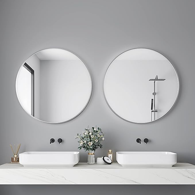 Itrue 36 Inch Round Wall Mirror, Brushed Silver Metal Frame Circle Bathroom Vanity Mirror, Silver-Backed HD Glass Decorative Mirror for Over Sink, Living Room, Bedroom, Entryway