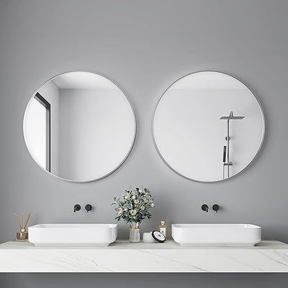 Itrue 36 Inch Round Wall Mirror, Brushed Silver Metal Frame Circle Bathroom Vanity Mirror, Silver-Backed HD Glass Decorative Mirror for Over Sink, Living Room, Bedroom, Entryway