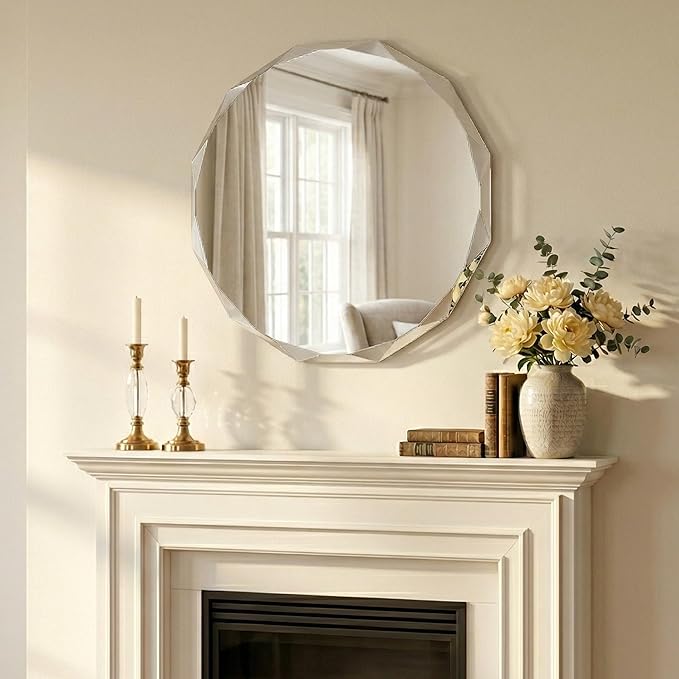 Frameless Round Bathroom Mirror 24x24 Inch with Beveled Edge, Modern Vanity Wall Mirror