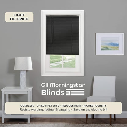Cordless Light Filtering Mini Blind - 52 Inch Width, 64 Inch Length, 1" Slat Size - Black - Cordless GII Morningstar Horizontal Windows Blinds for Interior by Achim Home Decor