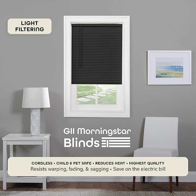 Cordless Light Filtering Mini Blind - 32 Inch Width, 72 Inch Length, 1" Slat Size - Black - Cordless GII Morningstar Horizontal Windows Blinds for Interior by Achim Home Decor