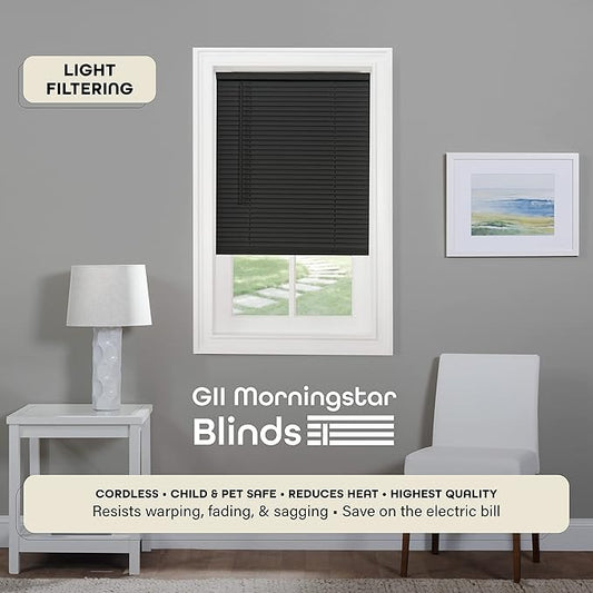 Cordless Light Filtering Mini Blind - 36 Inch Width, 72 Inch Length, 1" Slat Size - Black - Cordless GII Morningstar Horizontal Windows Blinds for Interior by Achim Home Decor