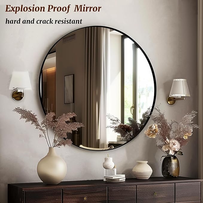 Mirror 18 inch, Round Wall Mirrors, Black Circle Mirror, Round Mirrors for Wall, Living Room, Bathroom, Hallway.