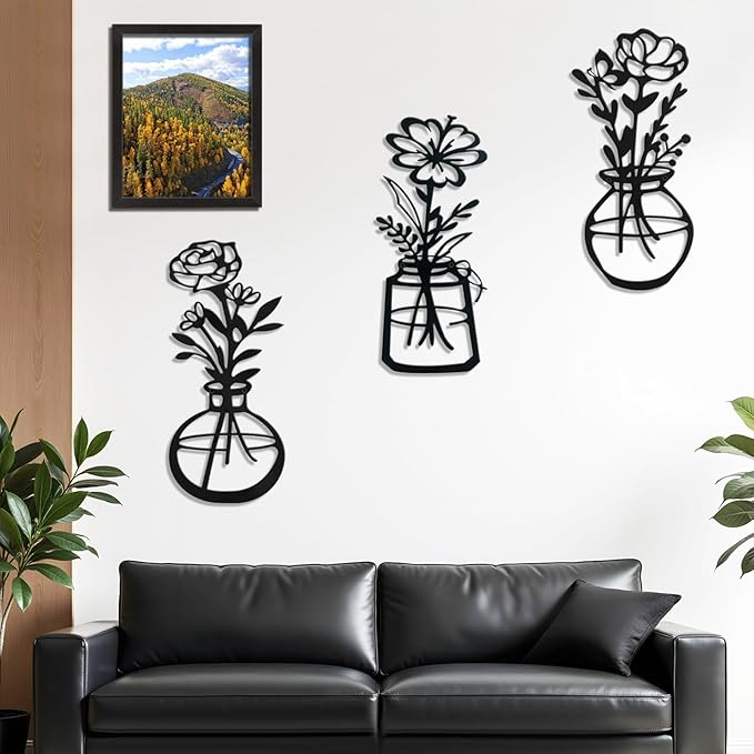 Lcaughsy Metal-Wall-Decor Living Room - 3 Pcs Metal Bathroom Wall Art Floral Vase and Picture Frame for Decoration- Hanging Display Wall Decor Art for Home Dining Room Bedroom Kitchen Farmhouse,Black