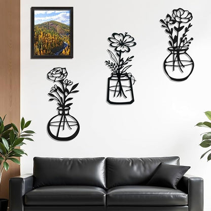 Lcaughsy Metal-Wall-Decor Living Room - 3 Pcs Metal Bathroom Wall Art Floral Vase and Picture Frame for Decoration- Hanging Display Wall Decor Art for Home Dining Room Bedroom Kitchen Farmhouse,Black