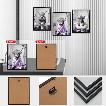 sechars Highland Cow Bathroom Wall Art 3 Piece Funny Bathroom Pictures Canvas Print Grey and Purple Decor (Purple)