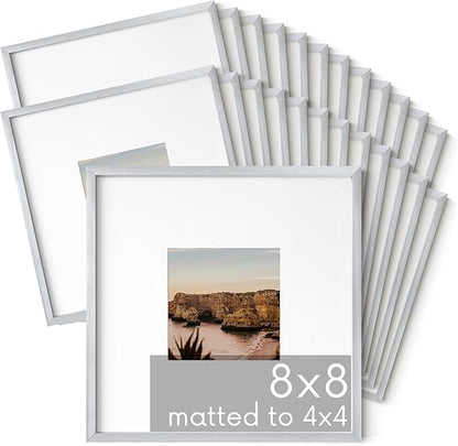 HAUS AND HUES 8x8 Silver Metal Picture Frames Matted to 4x4 - Features Premium Aluminum & Hanging Hardware, Shatterproof Plexiglass - Ideal for Home, Room, Office (8x8 in, Silver, Set of 25)