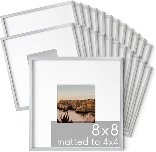 HAUS AND HUES 8x8 Silver Metal Picture Frames Matted to 4x4 - Features Premium Aluminum & Hanging Hardware, Shatterproof Plexiglass - Ideal for Home, Room, Office (8x8 in, Silver, Set of 25)