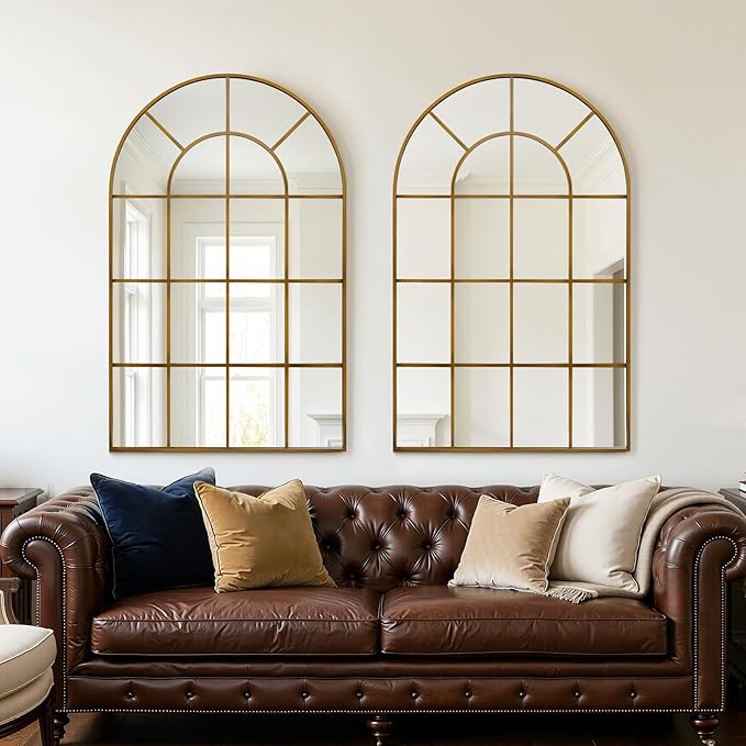 Anpark Arched Windowpane Wall Mirror 30"x40" Bronze Wall Mounted Art Pane Mirror Farmhouse Decorative Mirror Leaning Hanging Wall Mirror for Bedroom Living Room Entrance Hallway Wall Decor