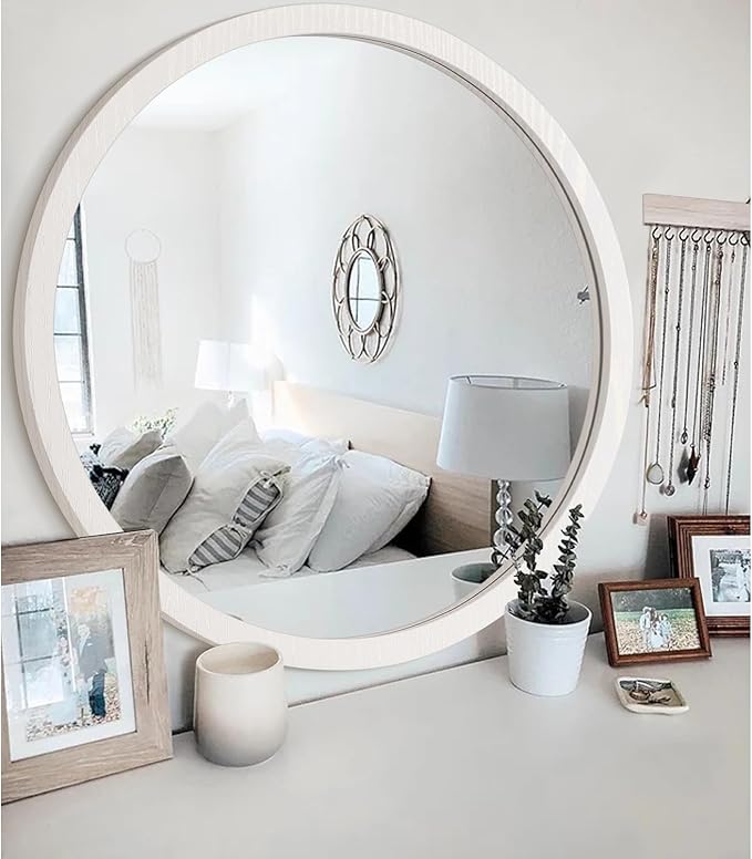 JJUUYOU Large Circle Wall Mirror 24 Inch Large Round Wall Mounted Antique Mirror for Bathroom Wood Frame Mirror for Living Room Bedroom Washroom Dorm