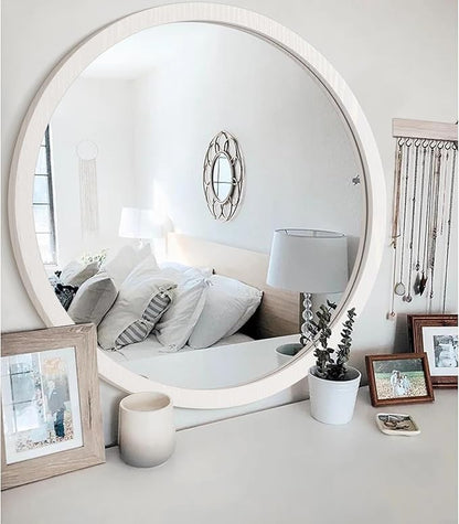 JJUUYOU Large Circle Wall Mirror 24 Inch Large Round Wall Mounted Antique Mirror for Bathroom Wood Frame Mirror for Living Room Bedroom Washroom Dorm