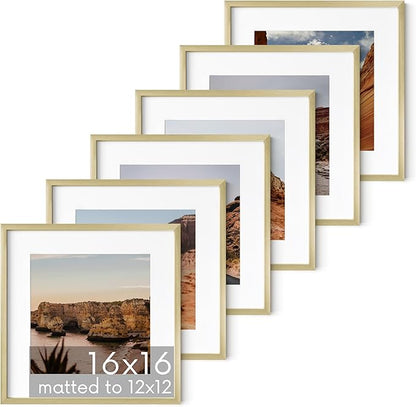 HAUS AND HUES 16x16 Gold Metal Picture Frames Matted to 12x12 - Premium Aluminum with Hanging Hardware, Shatterproof Plexiglass - Ideal for Home or Office (16x16 in, Gold, Set of 6)