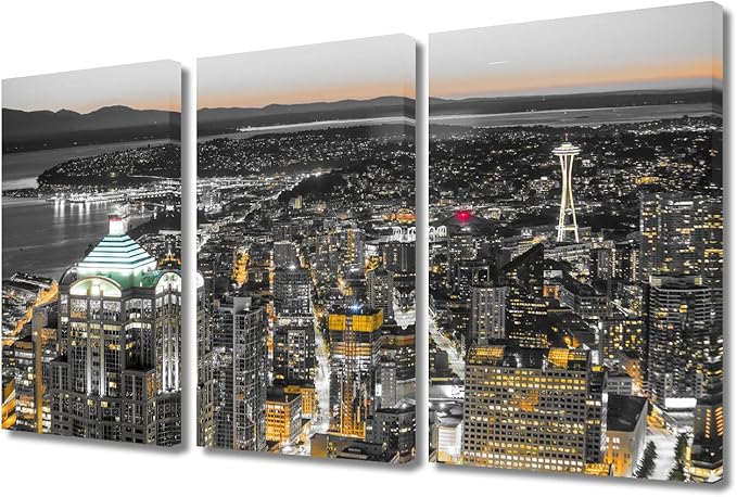 TUMOVO 3 Pieces Downtown Seattle Skyline in Seattle Washington USA Black and White Wall Art Skyscrapers Artwork Bathroom Decor Wall Art Print on Canvas Ready to Hang (36" Wx24 H)