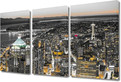 TUMOVO 3 Pieces Downtown Seattle Skyline in Seattle Washington USA Black and White Wall Art Skyscrapers Artwork Bathroom Decor Wall Art Print on Canvas Ready to Hang (36" Wx24 H)