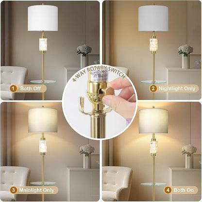 KIVDITZO Modern Floor Lamp for Living Room with Glass Tray and Night Light, Alabaster Bedroom Lamp, Tall Lamp with Linen Shade, Marble Base Standing Lamp for Living Room,Bedroom,Office(Bulb Included)