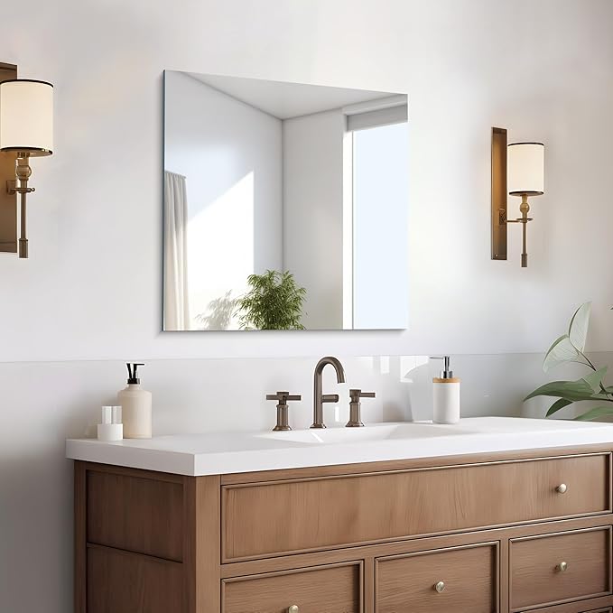 CILIBER Frameless Mirror, 24x24 Square Bathroom Mirrors for Wall, Frameless Vanity Mirror Over Sink with Polished Edge, 3mm Tempered Glass, Decorative for Bathroom, Bedroom and Living Room