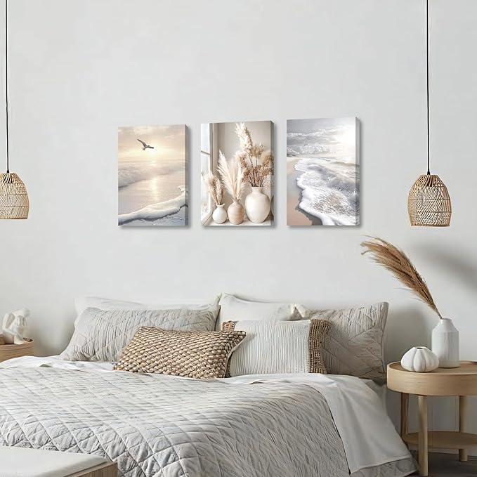 3 Pcs Beach Seaside Wall Art for Bedroom, Modern Beige Reeds Botanical Wall Picture Aesthetic Nature Coastal Sunset Landscape Wall Painting Poster Art Prints for Bedroom Office Home Decor 12"x16"x3Pcs