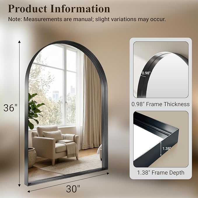 Arched Bathroom Mirror, 30"x36" Black Frame Mirror for Bathroom Sink, Bathroom Vanity Mirror with HD Tempered Glass, Bedroom, Living Room, Entry Way, Vanity