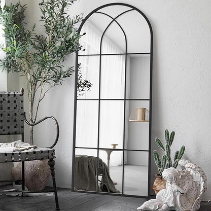 Mirror Full Length, 56"x22" Large Arched Mirror, Window Pane Wall Black Full Body Mirrors, Oversize Farmhouse Standing Mirrors for Living Room, No Stand