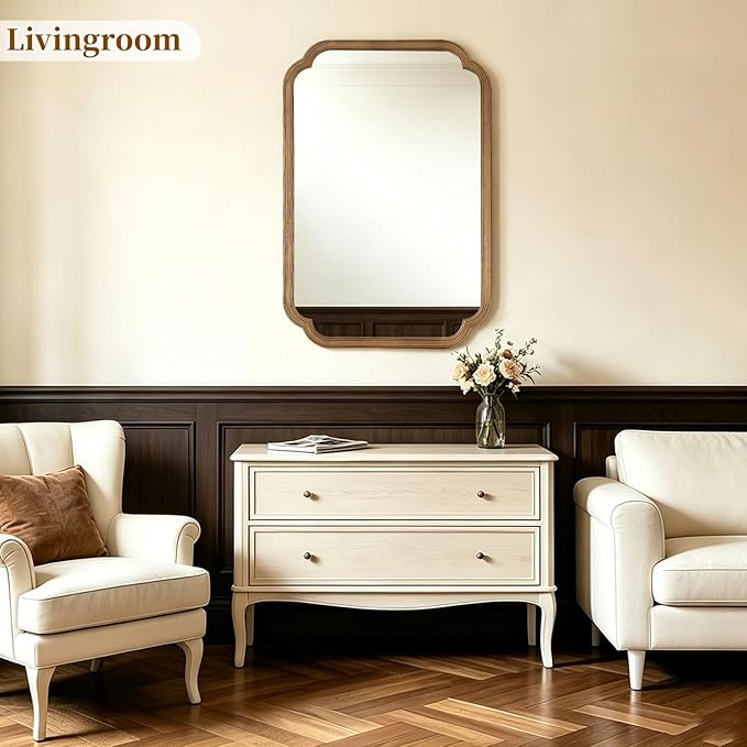 HOMECOOKIN Wood Bathroom Mirror for Wall Decor Arched Rounded Corner Rustic Wood Frame Wall Mirror Home Decorative for Vanity, Living Room, Bedroom, Entryway (24 x 36 inch, Honey A)