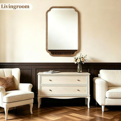 HOMECOOKIN Wood Bathroom Mirror for Wall Decor Arched Rounded Corner Rustic Wood Frame Wall Mirror Home Decorative for Vanity, Living Room, Bedroom, Entryway (24 x 36 inch, Honey A)