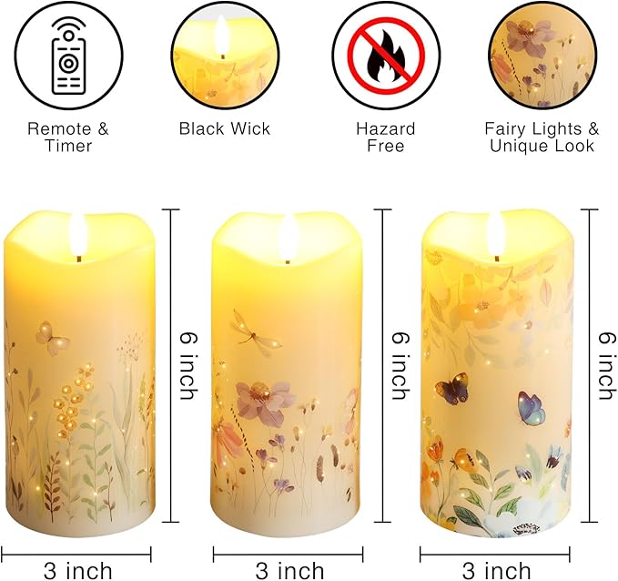 Eywamage Fiber Optic Flameless Pillar Candles with Remote Set of 3, Butterfly Floral Spring LED Candles Battery Operated Gift Φ 3" H 6"