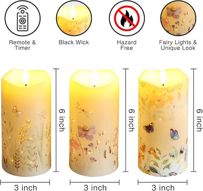 Eywamage Fiber Optic Flameless Pillar Candles with Remote Set of 3, Butterfly Floral Spring LED Candles Battery Operated Gift Φ 3" H 6"