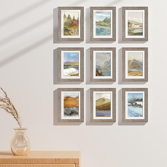 Vittanly 5x7 Picture Frames Set of 9, Display 4x6 Pictures with Mat or 5x7 without Mat, Photo Frames for Wall or Tabletop with Plexiglass, Engineered Wood, Grayish Brown