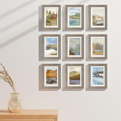 Vittanly 5x7 Picture Frames Set of 9, Display 4x6 Pictures with Mat or 5x7 without Mat, Photo Frames for Wall or Tabletop with Plexiglass, Engineered Wood, Grayish Brown