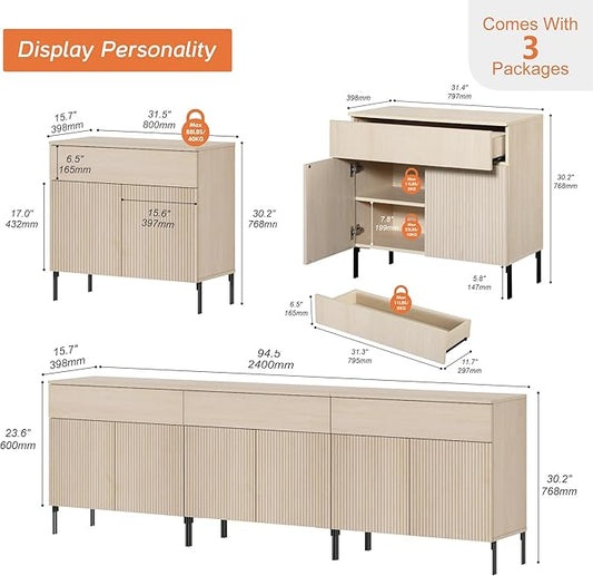 WAMPAT Fluted TV Stand TVs up to 100 inch, 94.5" W Modern TV Entertainment Center with Storage Cabinets and 3 Drawers & 6 Doors, Wood Media TV Console Table with Storage for Living Room, Beige