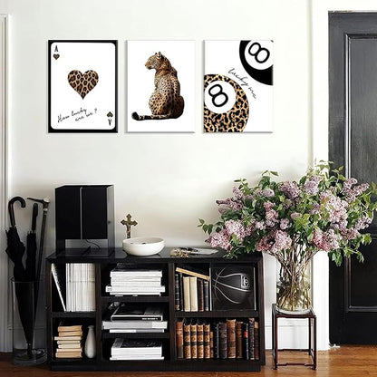 Set of 3 Trendy Leopard Canvas Wall Art, Cheetah & Lucky 8 Ball Playing Card Posters, Preppy Girly Aesthetic Room Decor for Bedroom Dorm Apartment, Framed Prints 16x24 or 12x16 Inch