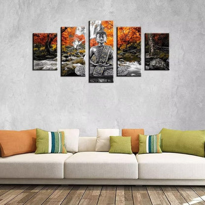 AWLXPHY Decor Buddha Waterfall Wall Art Canvas Painting Framed 5 Panels for Living Room Decoration Modern Landscape Buddha Trees Zen Stretched Artwork Giclee (Yellow, 80"x40")