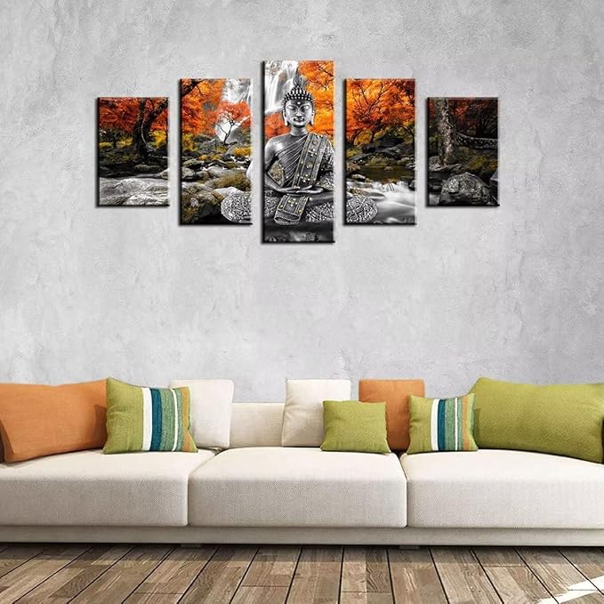 AWLXPHY Decor Buddha Wall Art Canvas Painting Framed 5 Panels for Living Room Decoration Modern Landscape Buddha Waterfall Trees Zen Stretched Artwork Giclee (Yellow, 40"x20")