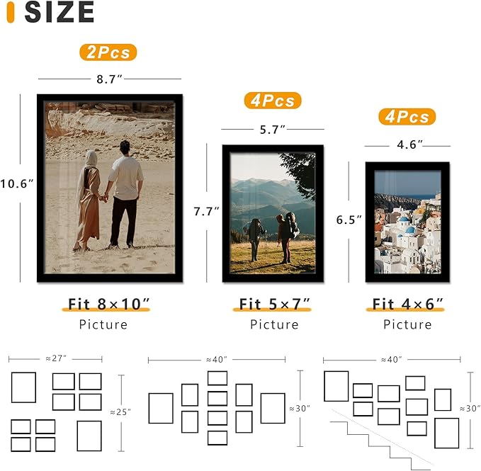 A ART·ZONE Black Picture Frames - 4x6, 5x7, 8x10-10 Pack Photo Frame Mix & Match Set for Wall Decor & Tabletop Display, Minimalist Black Frame Collection