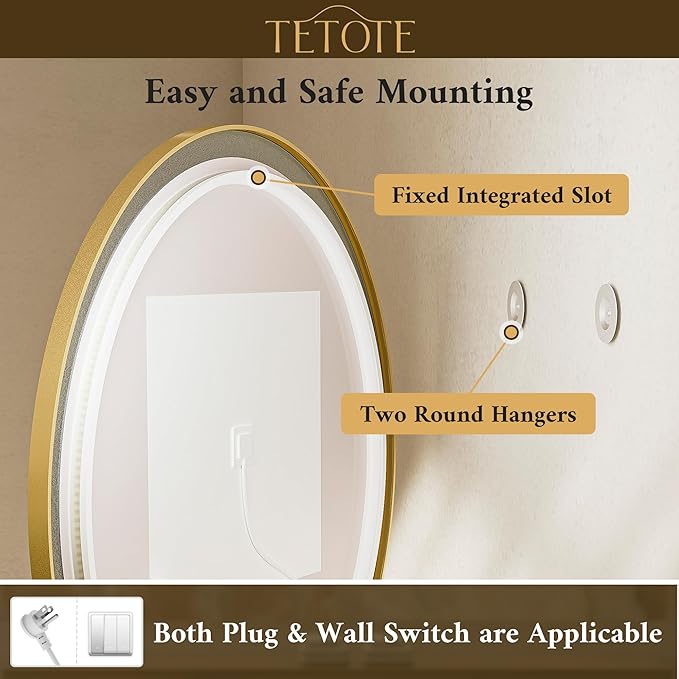 TETOTE Gold Led Round Mirror with Lights 36 Inch Metal Framed Round Circle Lighted Bathroom Vanity Mirror Wall Mounted, Front and Backlit 3 Color Stepless Dimmable Anti Fog, Shatterproof, CRI 90+