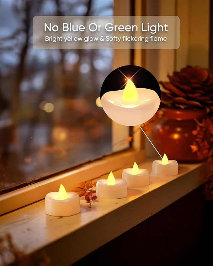 Merrynights LED Tea Lights, 24-Pack Battery Operated, Long-Lasting 200 Hour Flameless Candles, Flickering for Halloween & Fall, Warm Yellow, 1.5'' D x 1.25'' H