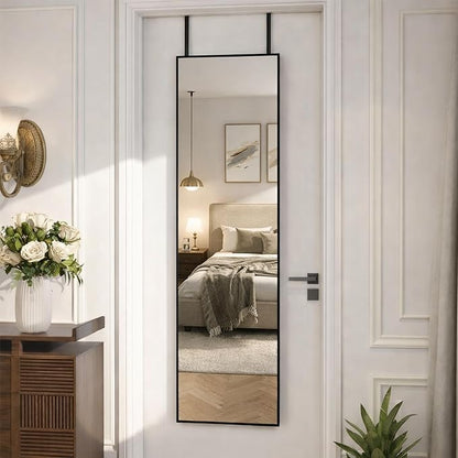 Simple Deluxe 47x14 Full Length Mirror Over The Door, Wall Mounted Full Body Mirror, Minimalist Black Aluminum Frame, HD Tempered Glass, for Bedroom, Living Room, Entryway, Black Rectangle