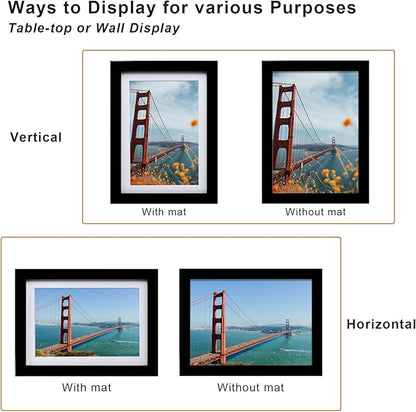 KINLINK 5x7 Picture Frame Black Set of 6, Wooden Photo Frames Matted 4x6 with Plexiglass for 4x6 with Mat or 5x7 without Mat for Table and Wall Display