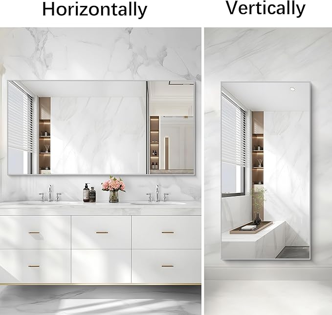 COFENY Silver Bathroom Mirror for Wall, 30x60 Inch Rectangle Mirrors with Metal Frame, Modern Vanity Large Wall Mirror for Bathroom Living Room, Entryway Hangs Horizontal or Vertical