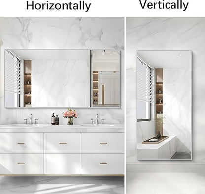 COFENY Silver Bathroom Mirror for Wall, 30x60 Inch Rectangle Mirrors with Metal Frame, Modern Vanity Large Wall Mirror for Bathroom Living Room, Entryway Hangs Horizontal or Vertical