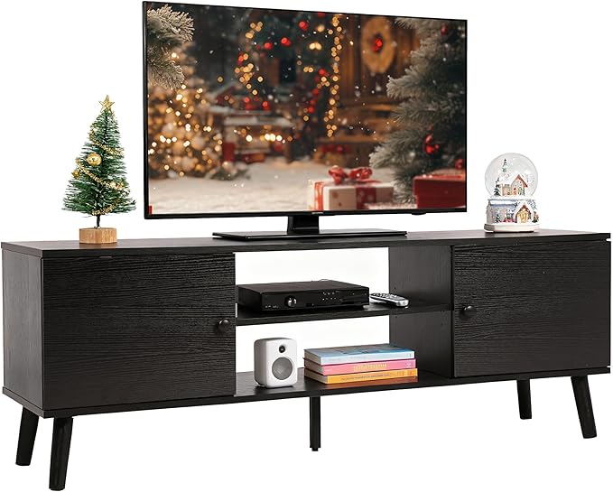 PayLessHere TV Stand for 55/60 Inch TVs,Modern Media Console with 2 Storage Cabinets and Open Shelves,Entertainment Center for Living Room, Bedroom,Black