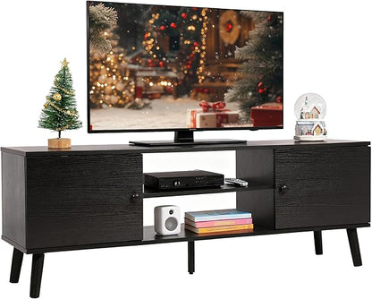 PayLessHere TV Stand for 55/60 Inch TVs,Modern Media Console with 2 Storage Cabinets and Open Shelves,Entertainment Center for Living Room, Bedroom,Black
