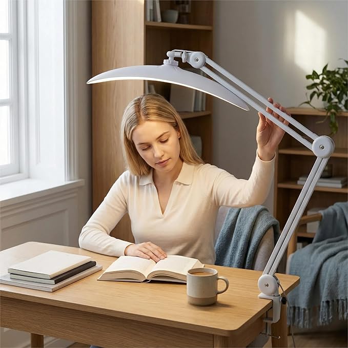48W Eye-Caring LED Clip On Desk Lamp, 2700K/4200K/5600K with Clamp and Remote, Curved Design for Focused Lighting, CRI 95+ for Nail, Crafting, Painting, Hobby & Computer Monitor Light