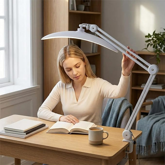 48W Eye-Caring LED Clip On Desk Lamp, 2700K/4200K/5600K with Clamp and Remote, Curved Design for Focused Lighting, CRI 95+ for Nail, Crafting, Painting, Hobby & Computer Monitor Light