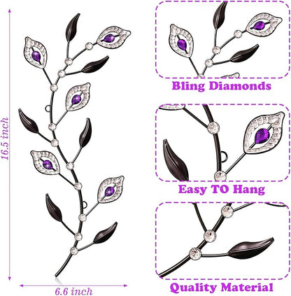 sxnzequnze 2 Sets Leaf Wall Art for Home Metal Bling Rhinestones Ready to Hang Tree Branch Leaves Olive Vine Wrought Iron Hanging Sculpture Pieces Wall Decor Pcs - 16.5in