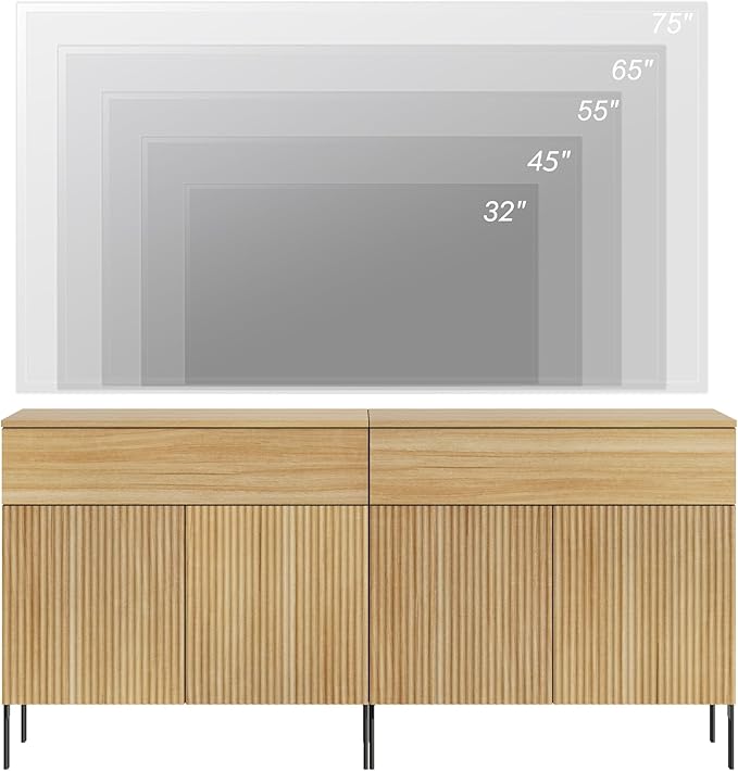 WAMPAT Fluted TV Stand TVs up to 70 inch, 63" W Modern TV Entertainment Center with Storage Cabinets and 2 Drawers & 4 Doors, Wood Media TV Console Table with Storage for Living Room, Oak