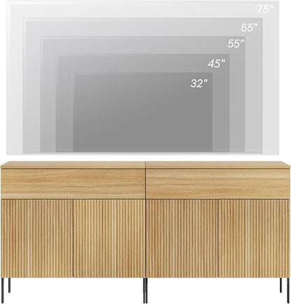 WAMPAT Fluted TV Stand TVs up to 70 inch, 63" W Modern TV Entertainment Center with Storage Cabinets and 2 Drawers & 4 Doors, Wood Media TV Console Table with Storage for Living Room, Oak