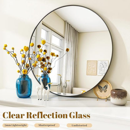 VooBang Large Black Round Bathroom Mirror, 48 inch Circle Wall Mounted Hanging Mirror with Simple Modern Circular Metal Frame for Hallway, Entryway, Living Room, Black Frame