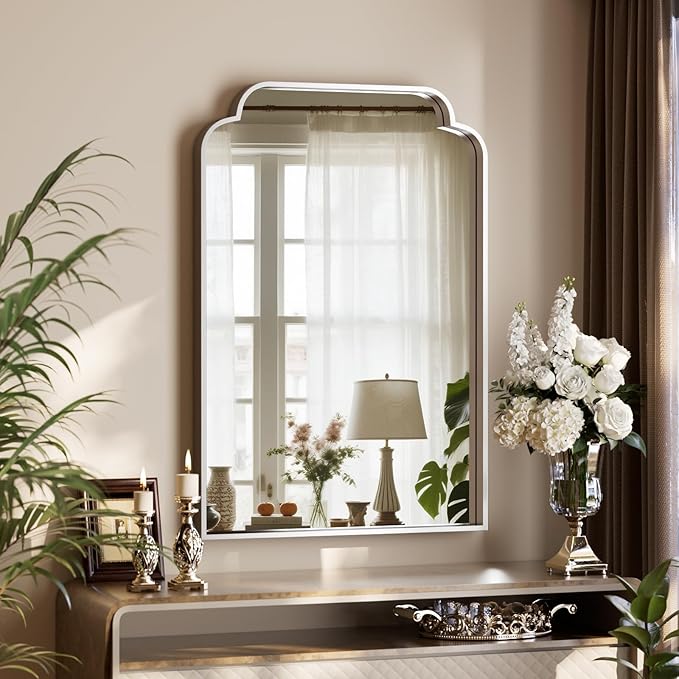 GLSLAND 20"x30" Petal Arch Bathroom Mirror – Modern Metal Frame Vanity Mirror with Scalloped Edge for Over Sink, Bedroom, Living Room, Entryway, Non-Rusting Decorative Wall Mirror, Silver